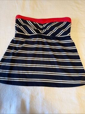 Beach House.  Navy and White Striped A-Line Skirt with Pink band